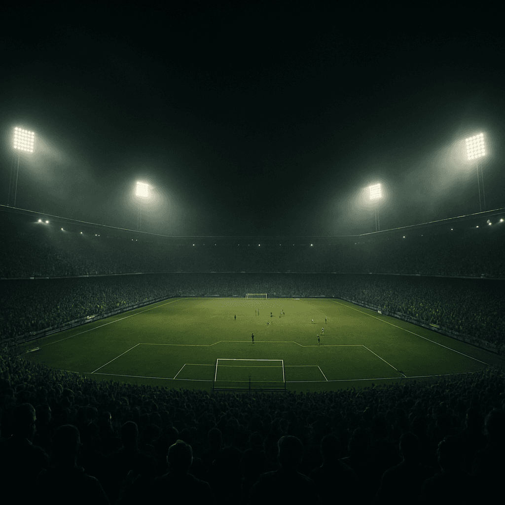 A floodlit football stadium at night